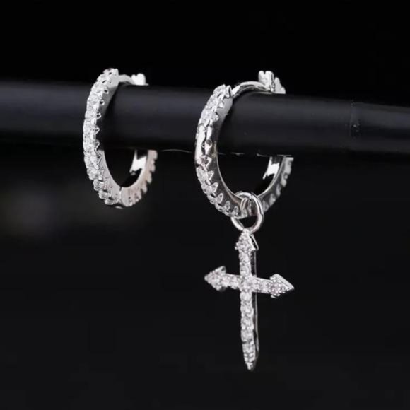 DIAMOND 925 SILVER CROSS PENDANT HOOP EARRINGS, NICE EARRINGS, CUTE EARRINGS - Picture 2 of 5